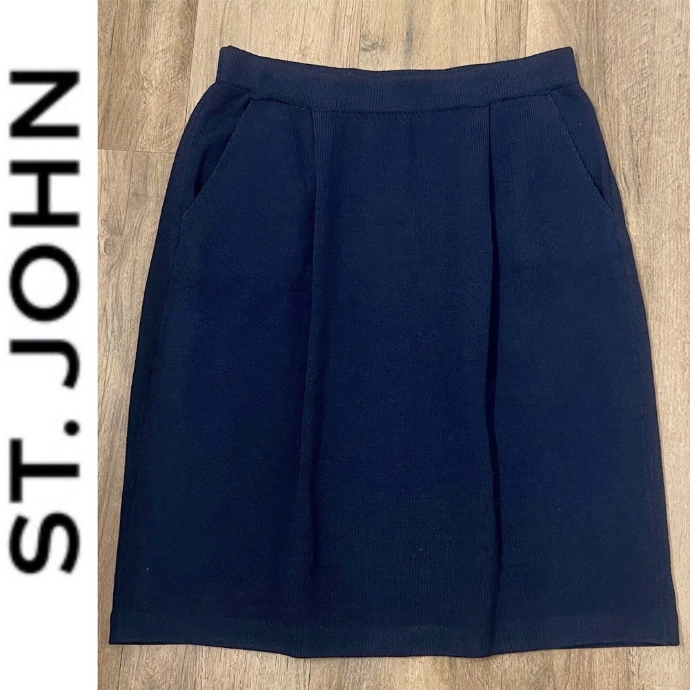 St John‎ Collection Marie Gray Navy Blue Santana Knit Pleated Skirt Size 12